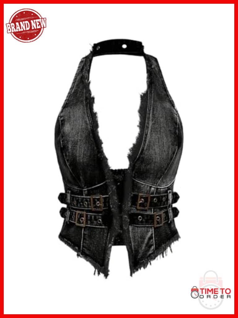 Sleeveless Halter Backless Fringe Trim Denim Vest Top Hip Hop Club
